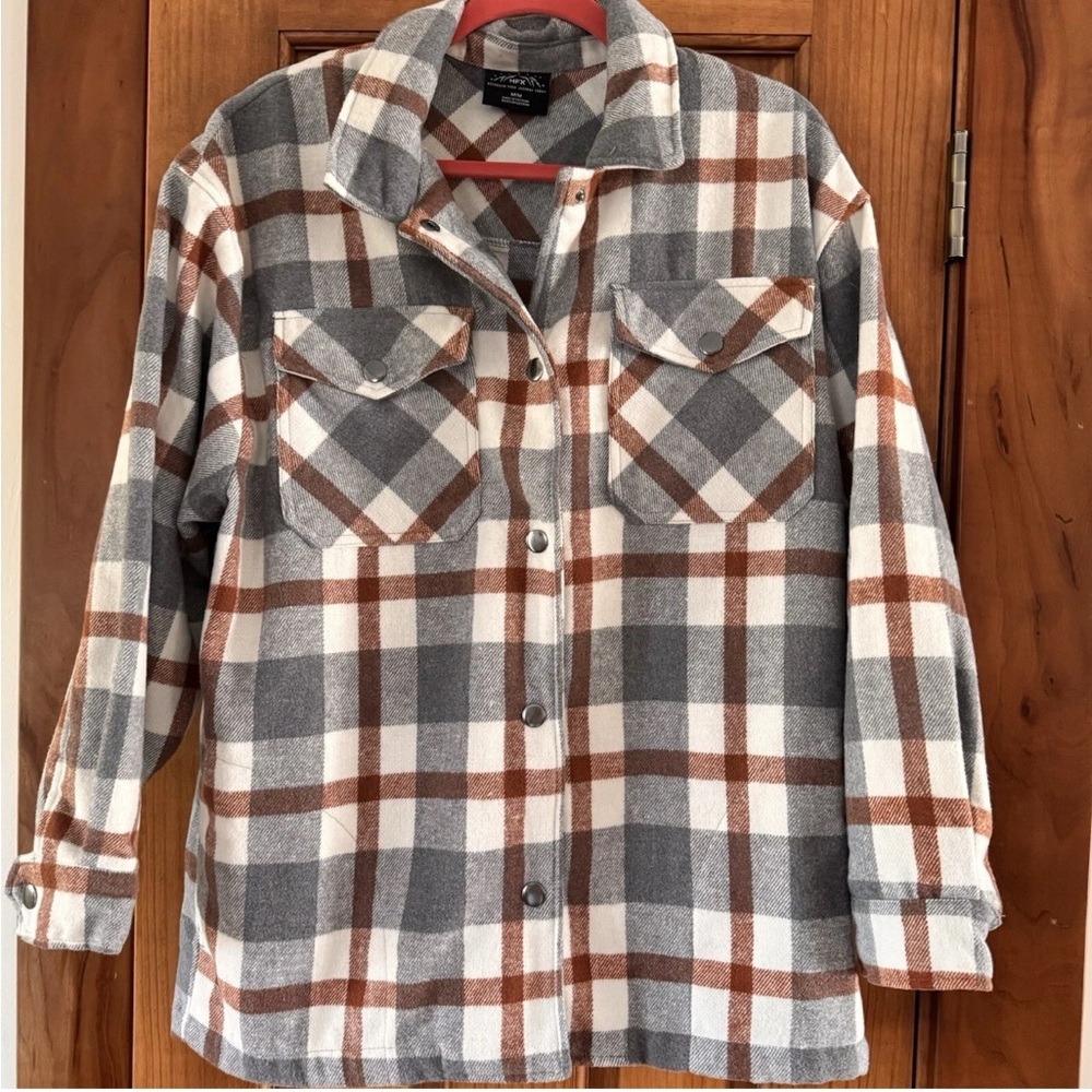HFX Flannel Jacket Women's Medium Gray Orange Plaid Snap Shacket Fall - Picture 1 of 3
